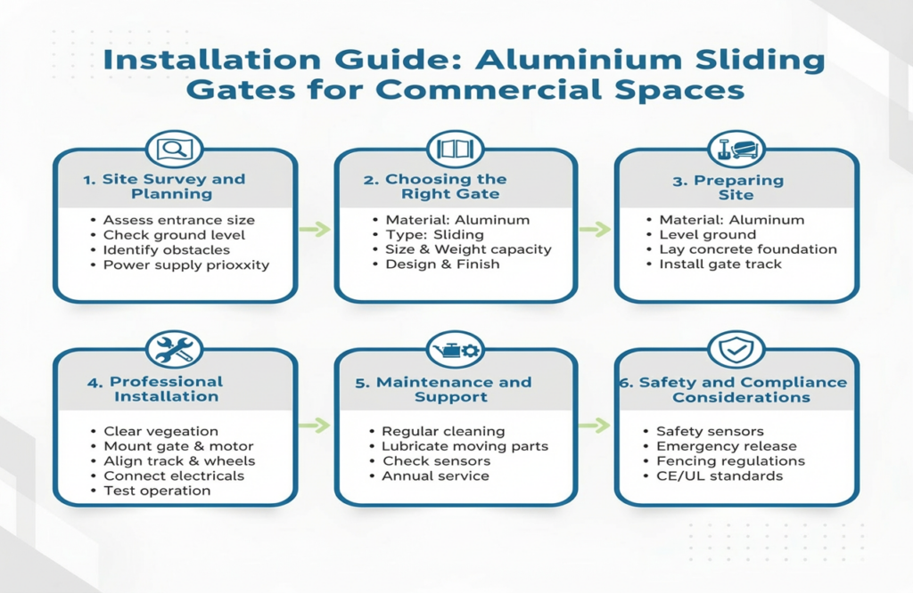 infographics for installation guide aluminium sliding gates for commercial spaces