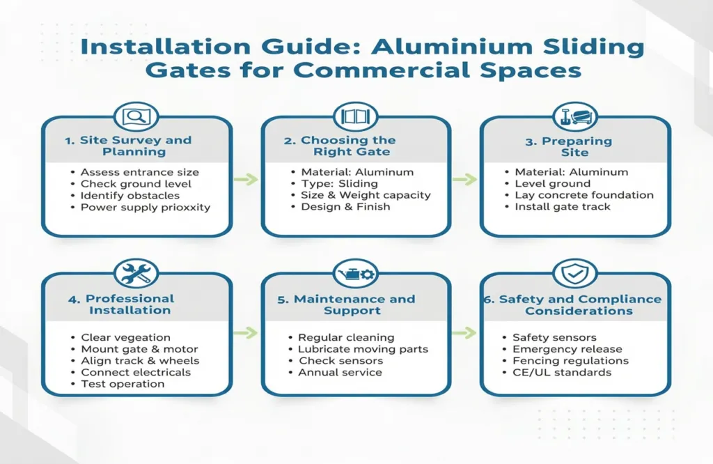 infographics for installation guide aluminium sliding gates for commercial spaces